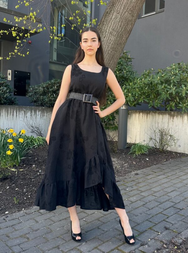 linen viscose jaquard black long dress