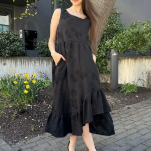 linen viscose jaquard black long dress