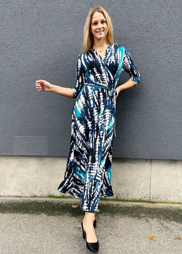 blue abstract print maxi wrap dress