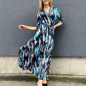blue abstract print maxi wrap dress