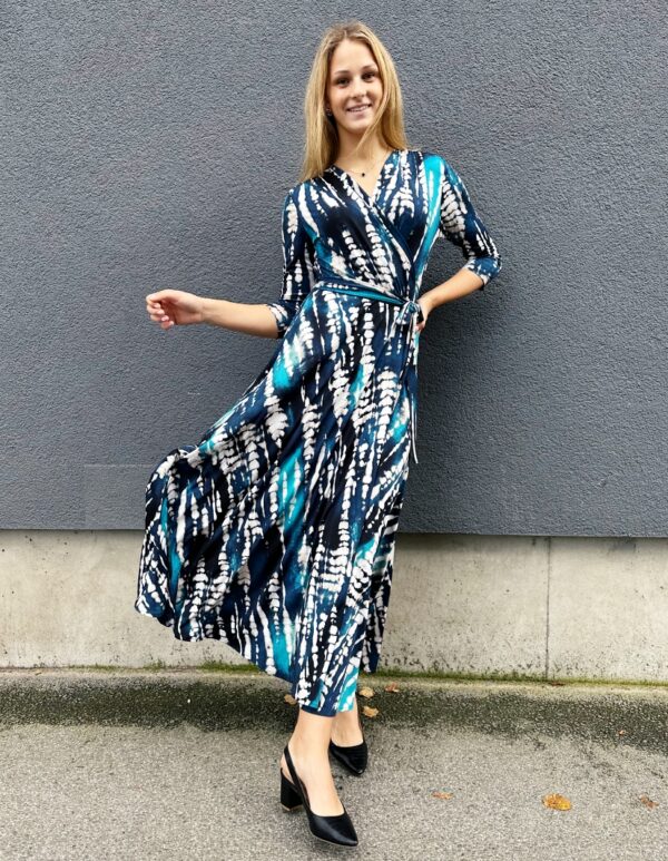 blue abstract print maxi wrap dress