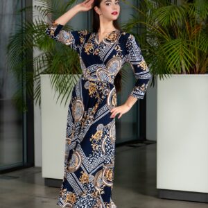 scarf print dark blue wrap dress