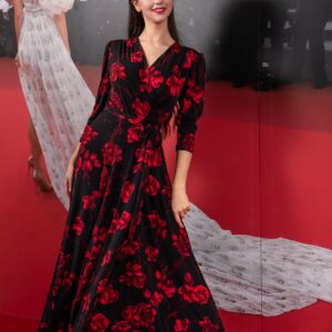 red rose print wrap dress