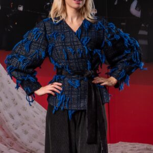 blue black fringed brocat jacket kimono