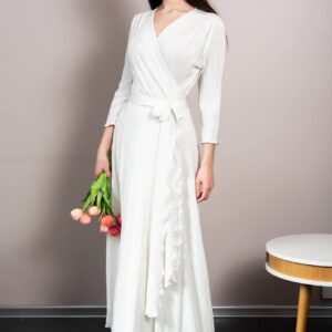 white plissee wrap dress