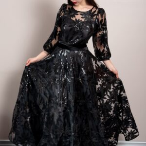 black sequined lace maxi dress