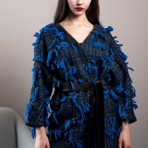 black brocate tweed blue fringe kimono jacket