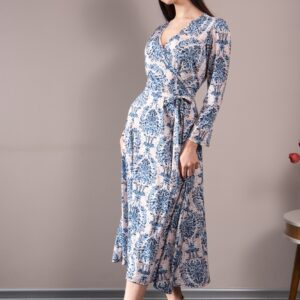 blue ceramic print pastel pink dress