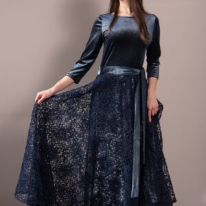 dark blue lace and velvet maxi dress