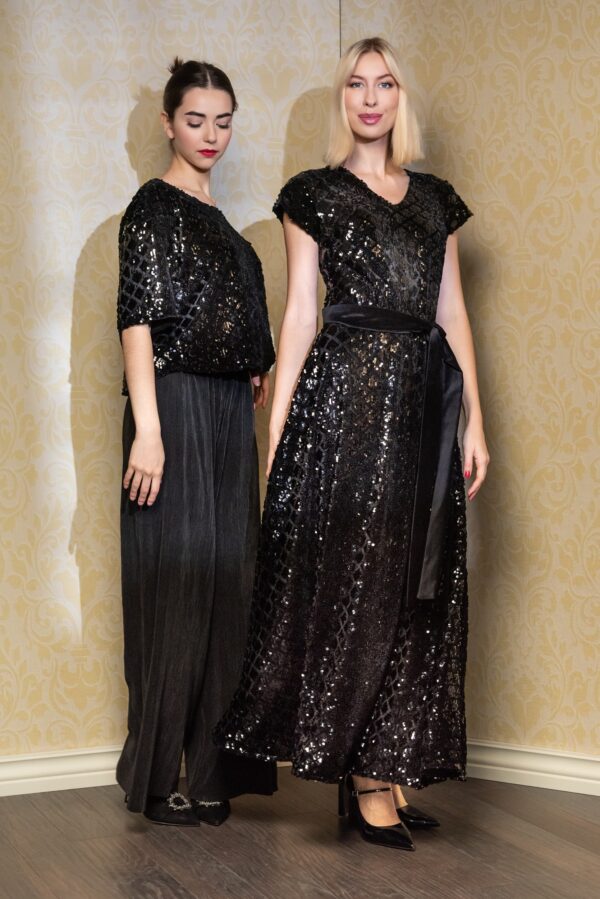 black sequin velvet maxi gala dress