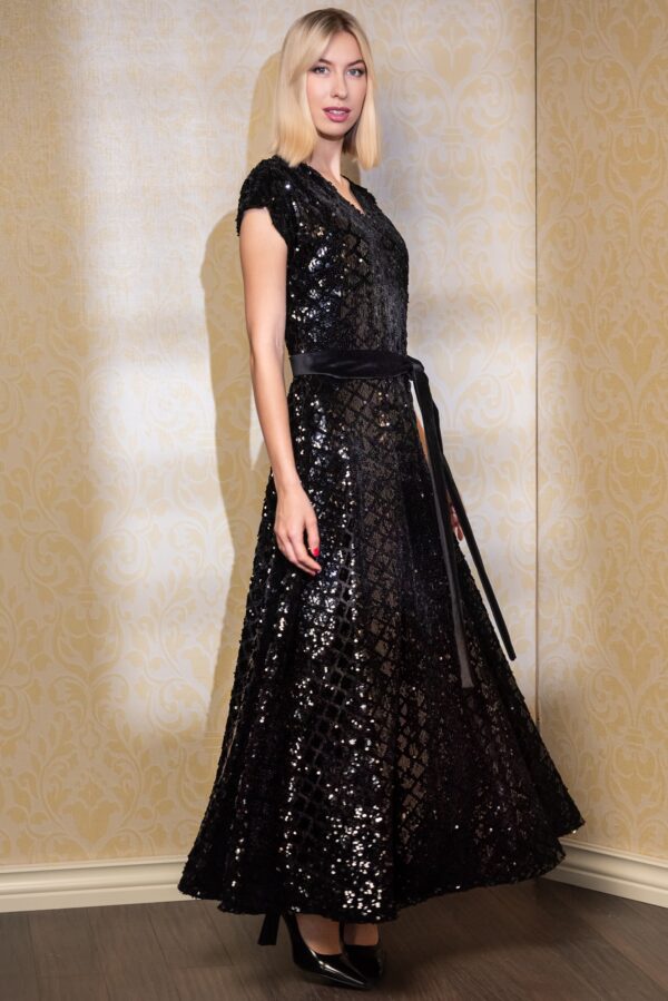black sequin velvet maxi gala dress