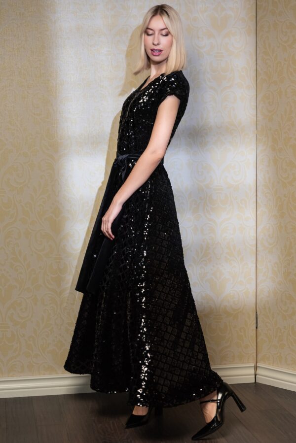 black sequin velvet maxi gala dress