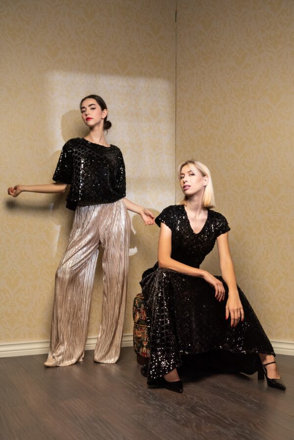 silver gold beige plissee trousers