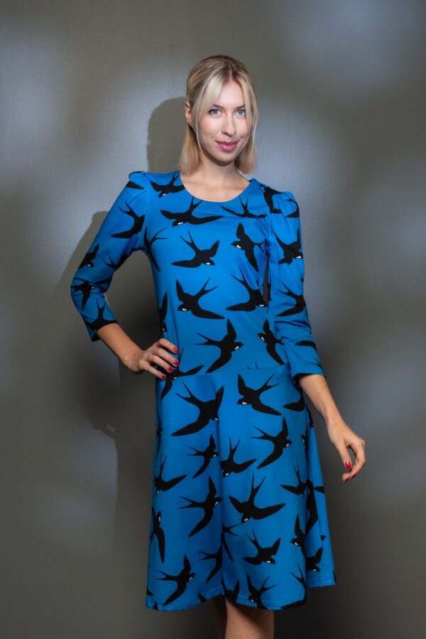 swallow print blue cotton dress