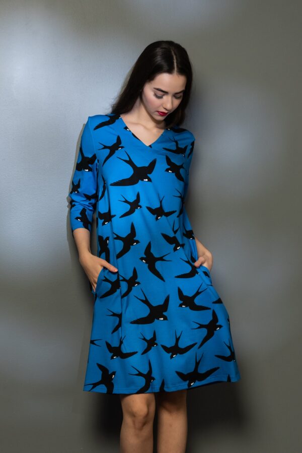 swallow print blue cotton dress