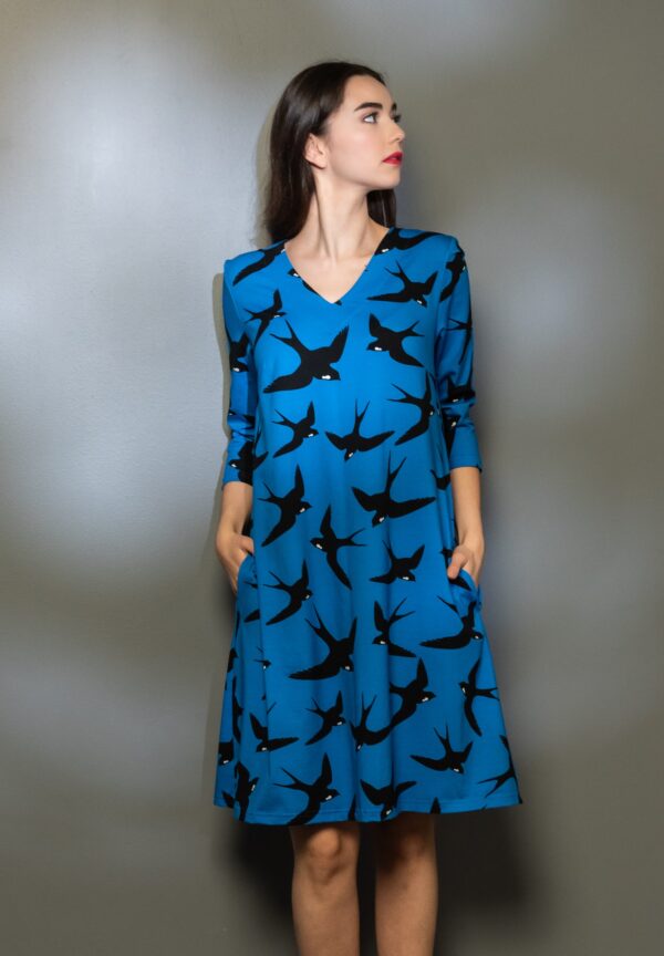 swallow print blue cotton dress