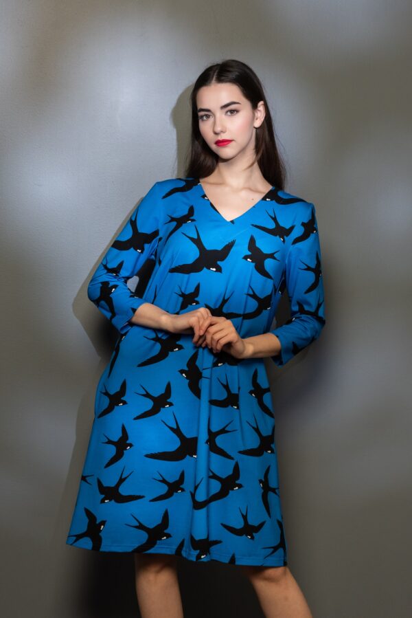 swallow print blue cotton dress