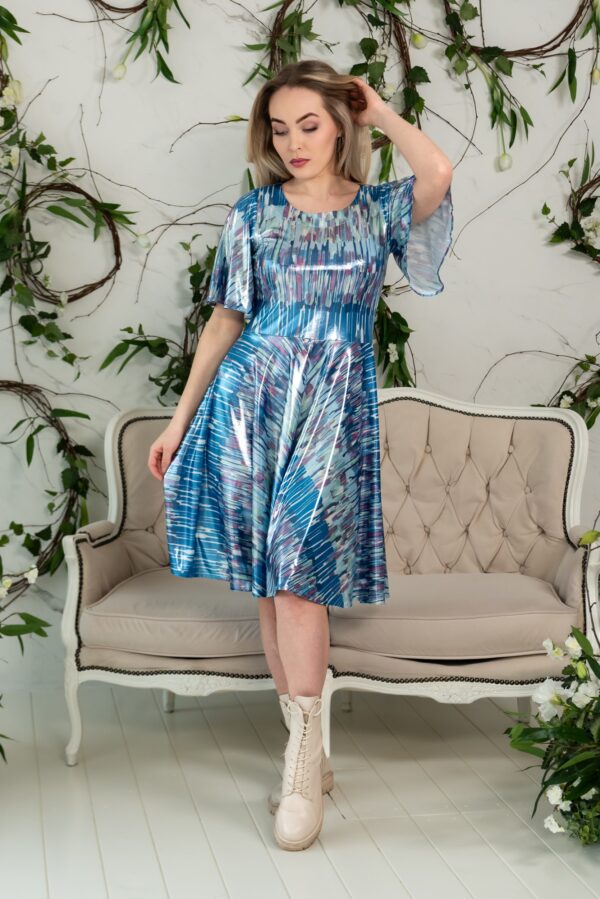shiny satin water color blue party dress