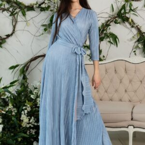 pleated light blue maxi wrap dress