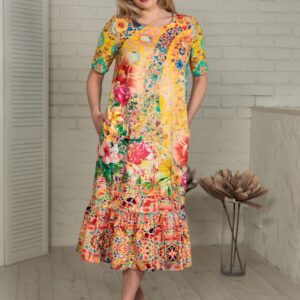 mosaic pattern yellow cotton midi dress
