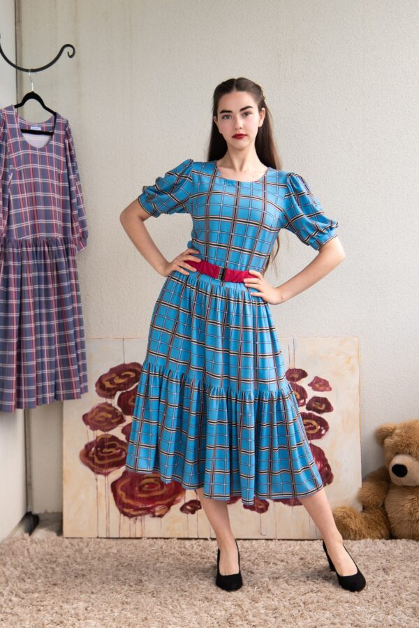 check pattern kaapot dress sky blue