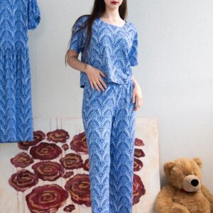 Haapsalu knit lace print blue tencel top and trousers