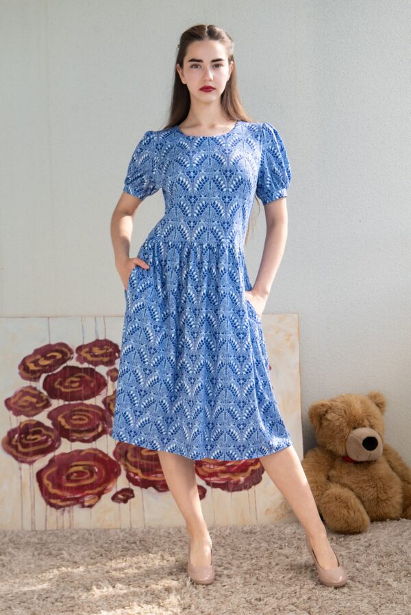 Haapsalu knit lace print blue tencel dress