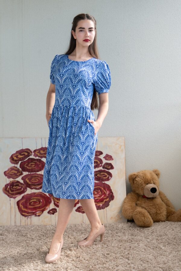 Haapsalu knit lace print blue tencel dress