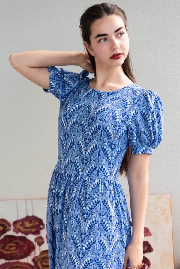 Haapsalu knit lace print blue tencel dress