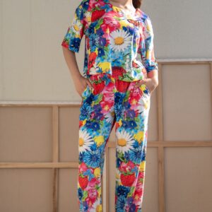 bright Muhu inspired flower print velvet top and trousers set
