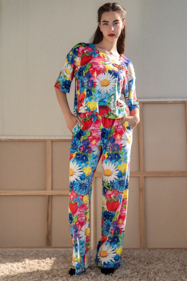 bright Muhu inspired flower print velvet top and trousers set