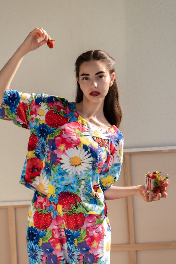 bright Muhu inspired flower print velvet top and trousers set