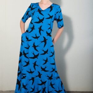 swallow print blue cotton maxi dress