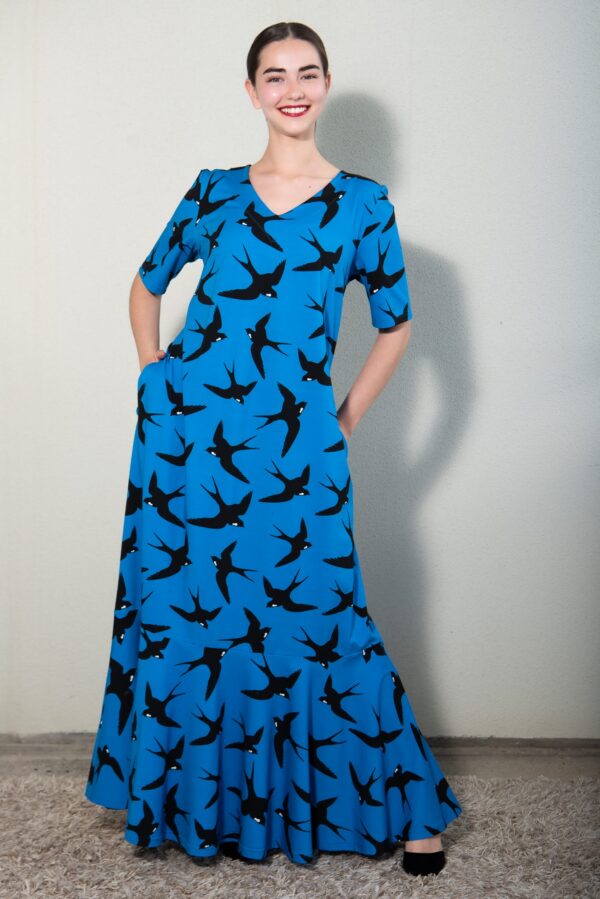 swallow print blue cotton maxi dress