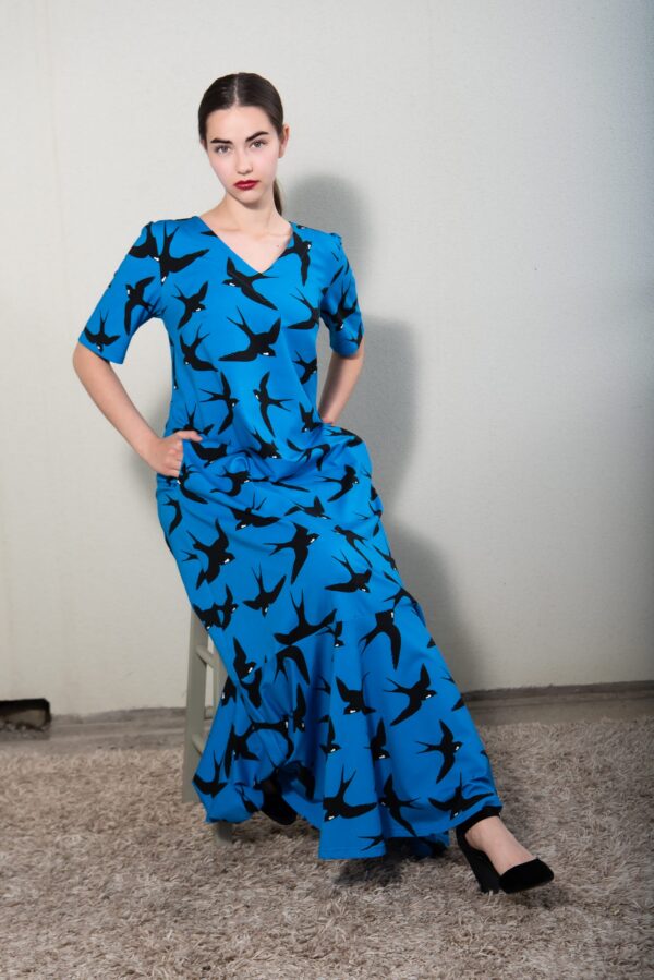 swallow print blue cotton maxi dress