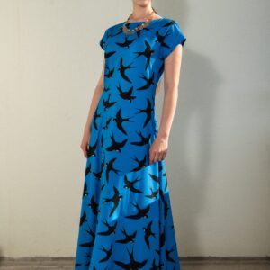 swallow print blue cotton maxi dress