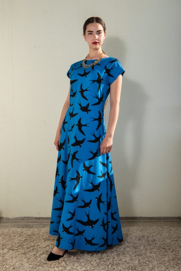 swallow print blue cotton maxi dress
