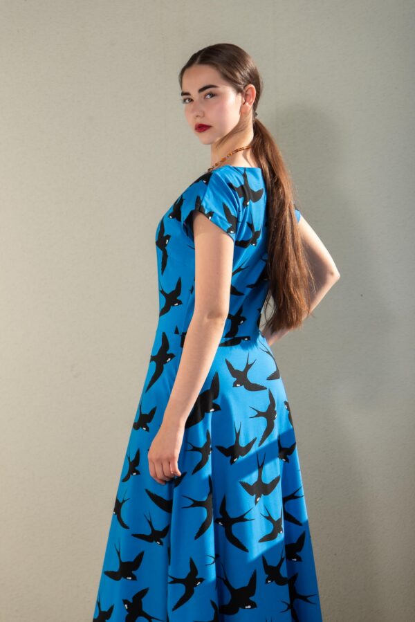 swallow print blue cotton maxi dress