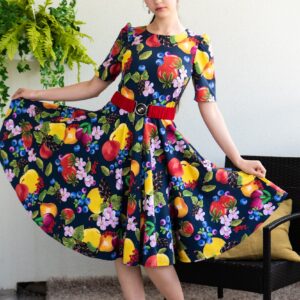 fruit garden print cotton flared skirt dress