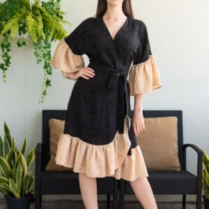 viscosa linen beige black wrap dress jaquard pattern