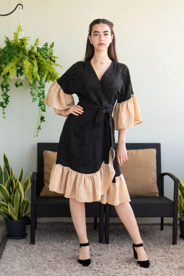 viscosa linen beige black wrap dress jaquard pattern