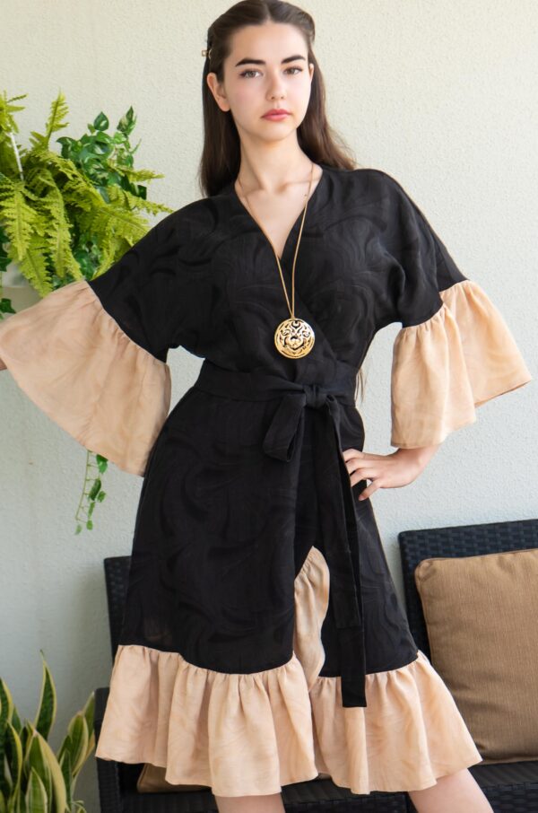viscosa linen beige black wrap dress jaquard pattern