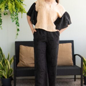 viscosa linen beige black top trouser set jaquard pattern