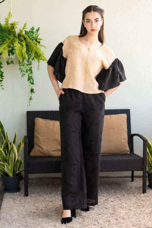 viscosa linen beige black top trouser set jaquard pattern