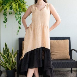 viscosa linen beige black long dress jaquard pattern