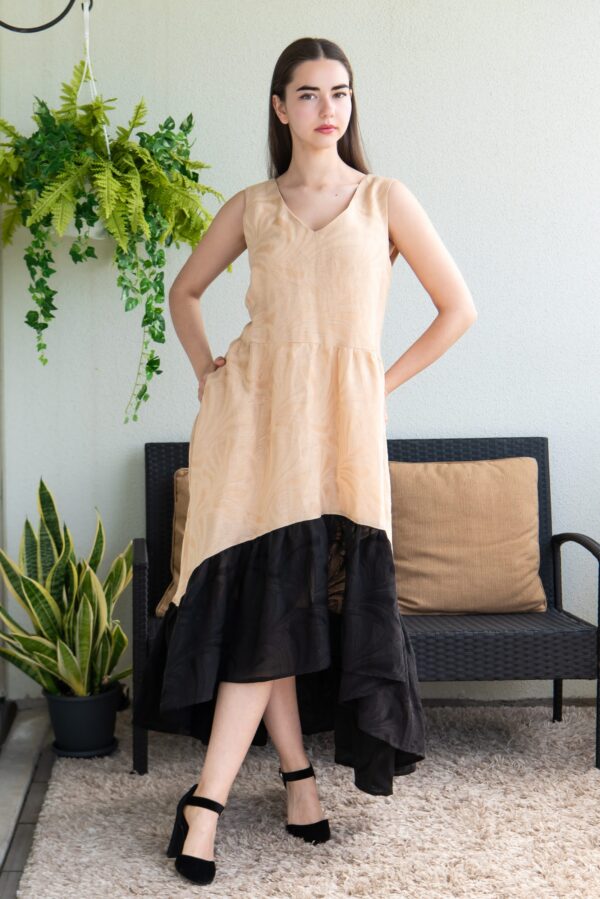 viscosa linen beige black long dress jaquard pattern