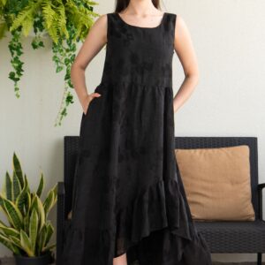 viscosa linen black long dress jaquard flower