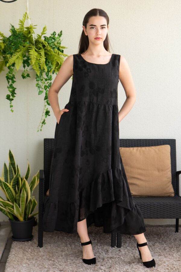 viscosa linen black long dress jaquard flower
