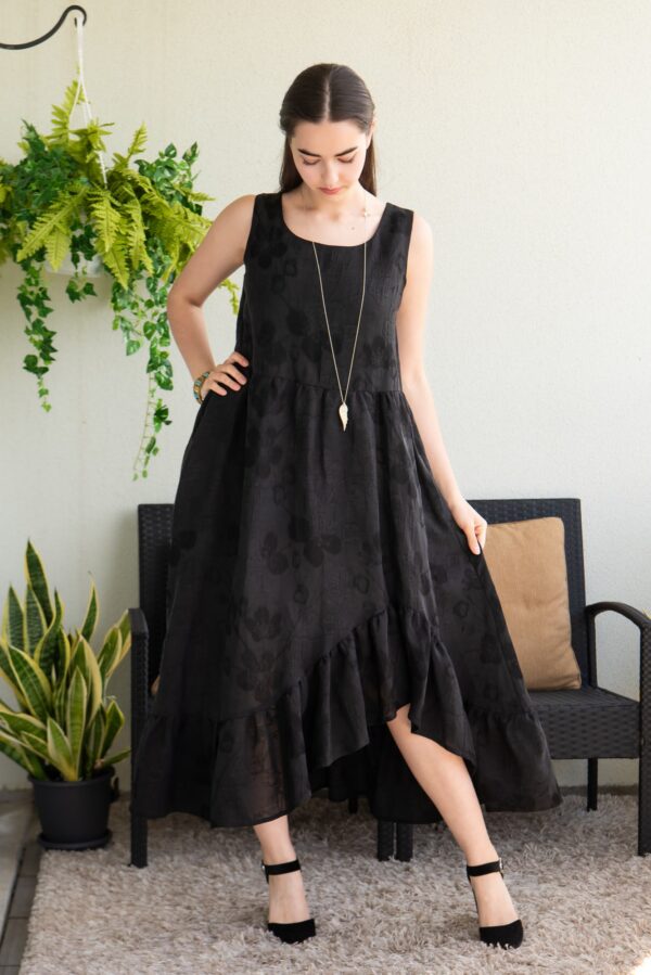 viscosa linen black long dress jaquard flower