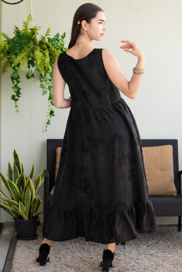 viscosa linen black long dress jaquard flower